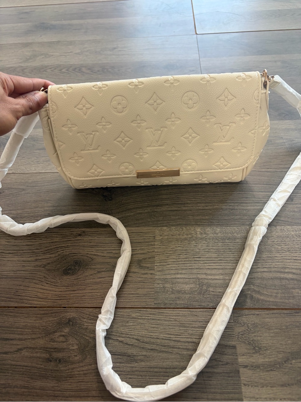 Designer-Inspired Cream Embossed “Favorite” Crossbody Bag